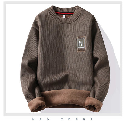 New Men's Fashion Sweater Autumn Winter Fleece Lined Clothes Thickened Pullover Crew Neck Knitted Pullovers Knitwear.