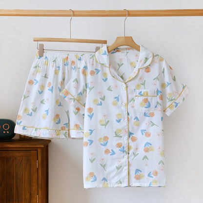 Japanische einfache kurze Pyjamas Frauen 100 % Baumwolle kurze Ärmel Damen Pyjama Sets Shorts süße Cartoon Nachtwäsche Frauen Homewear