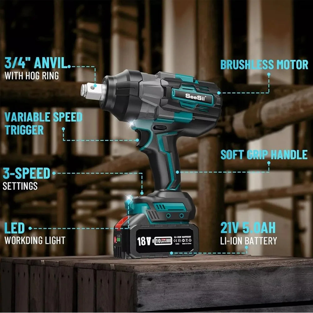 Seesii 1600NM Akku-Schlagschrauber-Set, bürstenloser elektrischer Schraubenschlüssel, 3/4 Zoll Schlagpistole mit 3/4 Zoll bis 1/2 Zoll Adapter, LKW-Auto-Reparaturwerkzeuge