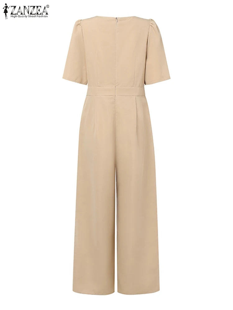 ZANZEA Street Fashion Elegant Womens Jumpsuits Sqaure Neck Short Sleeve Fitted Waist Wide Leg Pant Overalls Summer Streetwear.