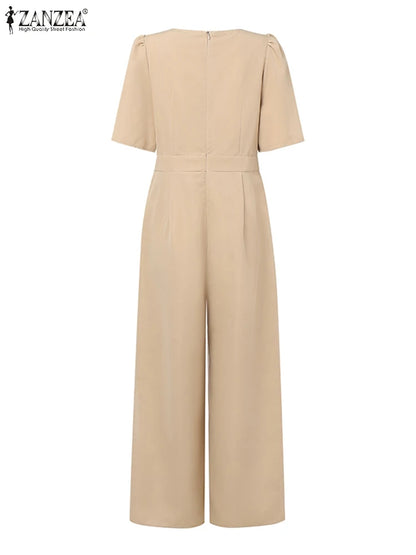 ZANZEA Street Fashion Elegant Womens Jumpsuits Sqaure Neck Short Sleeve Fitted Waist Wide Leg Pant Overalls Summer Streetwear.