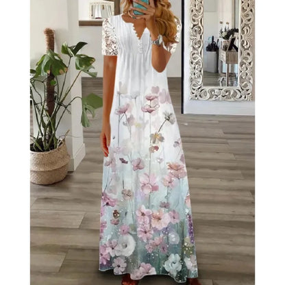 Frühjahr/Sommer Mode frauen Kurzarm Gedruckt Spitze Kleider Elegante frauen Weiß V-ausschnitt Slim Fit Party Lange vestidos.