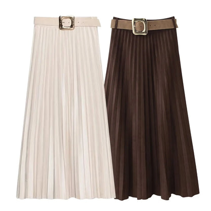 European and American style autumn new fashion trend casual simple women's matching belt suede effect pleated midi skirt.