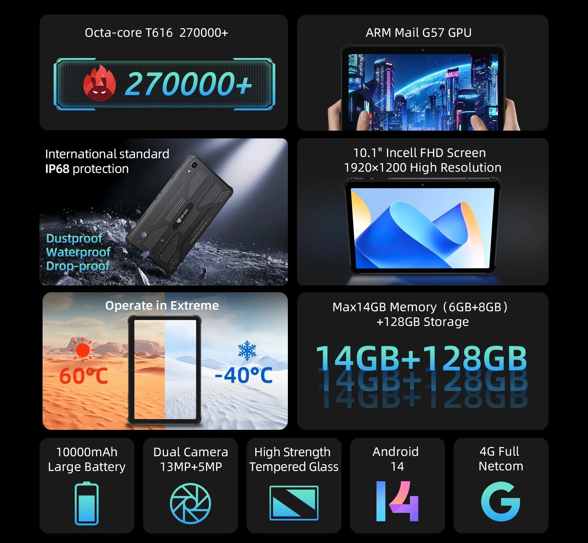 BMAX tablet I10S Pro Three-proof tablet Max14GB Memory(6GB+8GB) 128GB Storage Android 14 UNISOC T616 ARM Mail G57 4G Full Netcom.