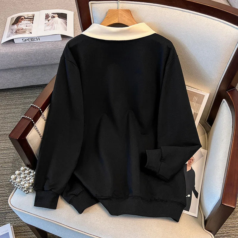 170 kg Plus Size Damen-Büste 170 Frühling Herbst Loose Diamond Collared Sweatshirt Schwarz 4XL 5XL 6XL 7XL 8XL 9XL.