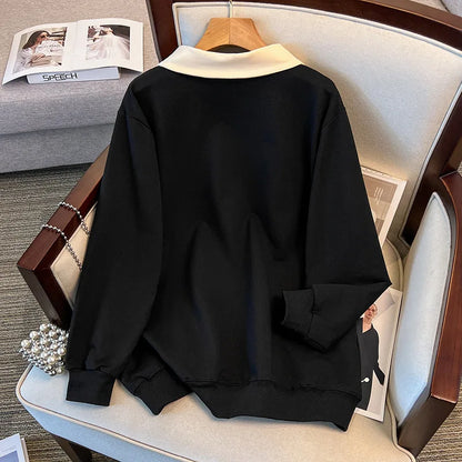 170 kg Plus Size Damen-Büste 170 Frühling Herbst Loose Diamond Collared Sweatshirt Schwarz 4XL 5XL 6XL 7XL 8XL 9XL.