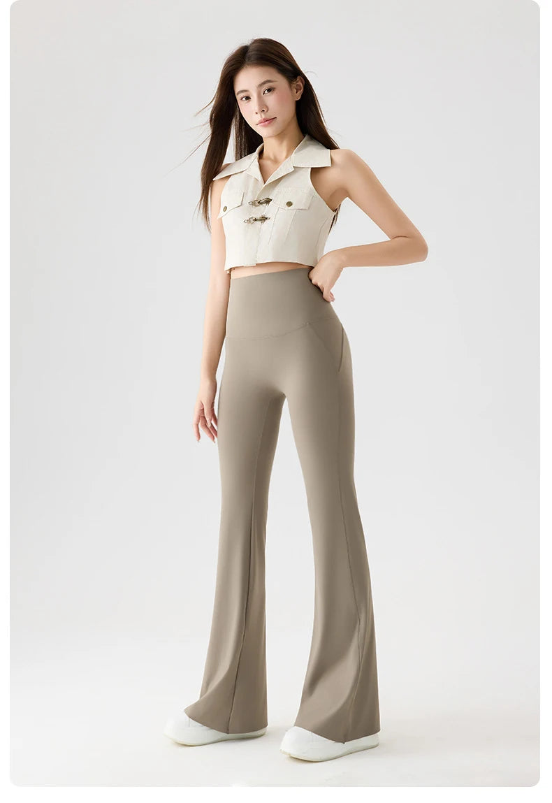 BIVIGAOS Naked Feeling Back Waist Pocket Sharkskin Micro Flared Leggings Women's Tight Sexy Sports Fitness Yoga Casual Pants.