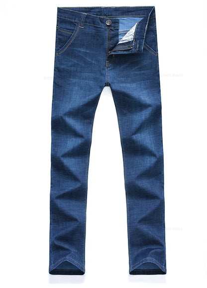 Sommer Dünne männer Gerade Jeans Klassische Schwarz Blau Stretch Casual Business Baggy Denim Hosen Männliche Marke Hosen