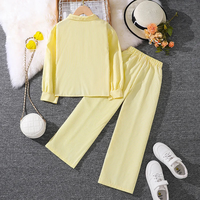 Spring Hot Sale Kids Outfit 4-12 Years Girls Striped Long Sleeve Chemise + Casual Loose Straight Leg Pants Shirt Suit 2Pcs Set.