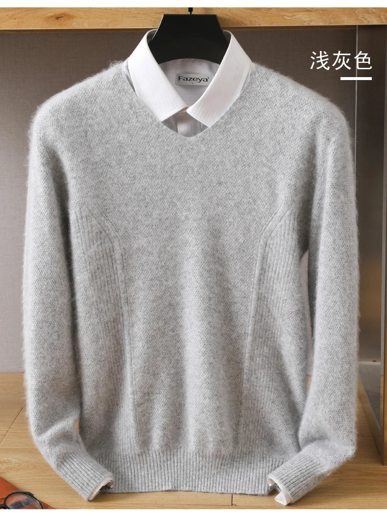 Men's 100% Pure Mink Cashmere Sweater V-Neck Pullovers Knit Large Size Mink Sweater Winter New Tops Long Sleeve High-End Jumpers.
