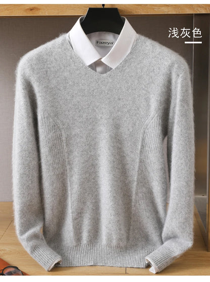 Men's 100% Pure Mink Cashmere Sweater V-Neck Pullovers Knit Large Size Mink Sweater Winter New Tops Long Sleeve High-End Jumpers.
