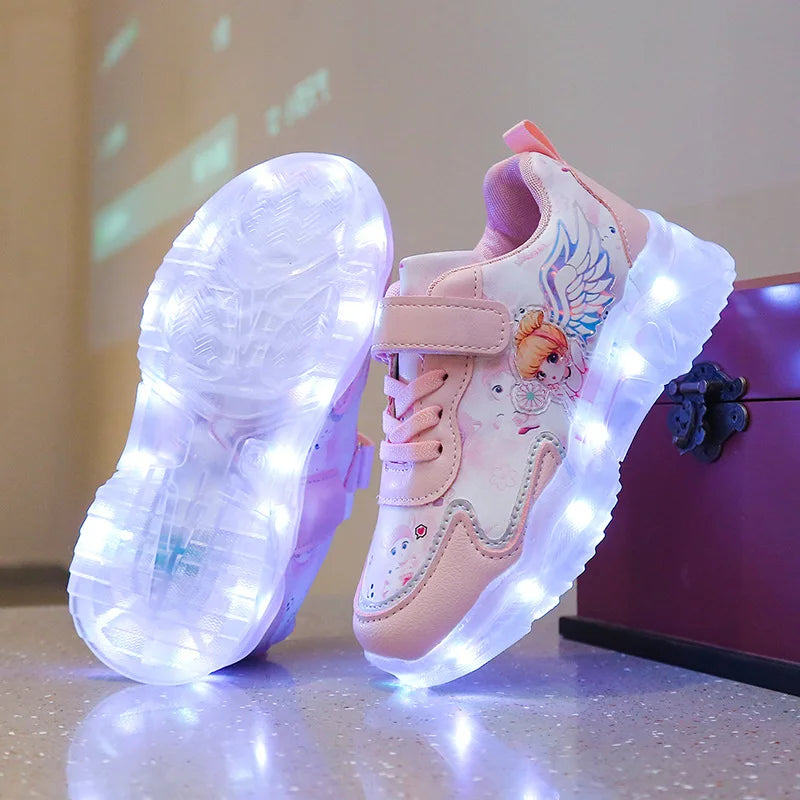 Disney Children's Casual Shoes LED Rechargeable Luminescent Shoes  Cartoon Princess Elsa Girls Pink Sports Sneakers Size 26-35.
