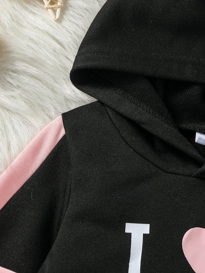 2-Piece Set Baby Girl Fall Casual Black Printed Letter &Heart Pure Color Long-Sleeved Hooded Sweatshirt &Pants Suit Clothes.