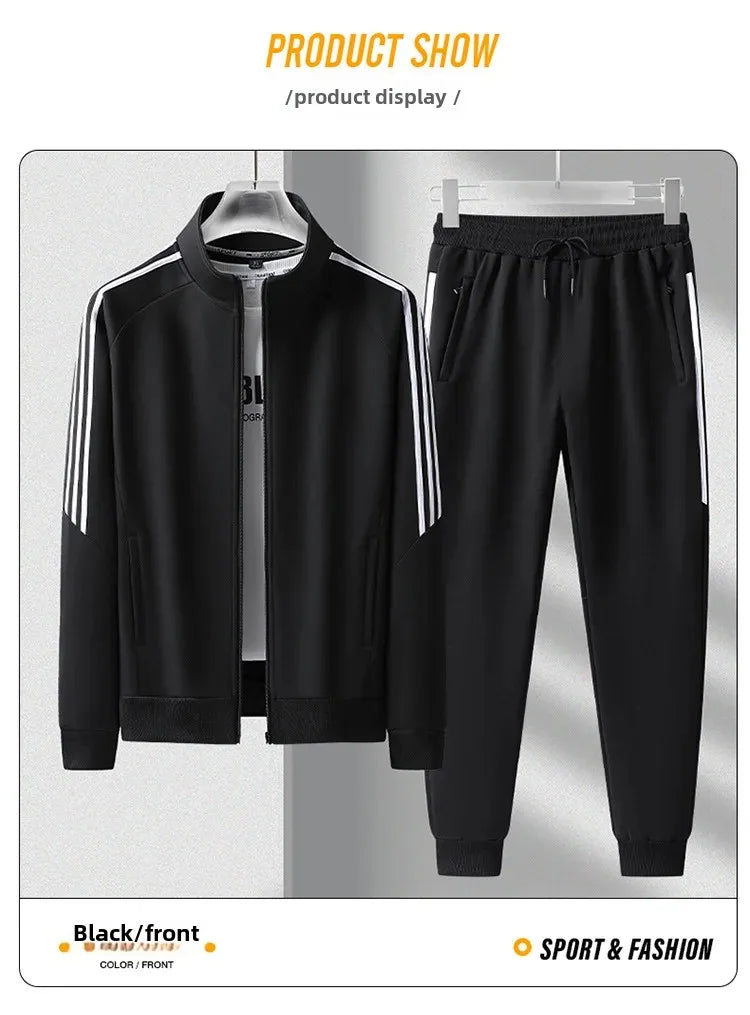 New Casual Men's Sport Suit Striped Ankle-Length Cotton Stand Collar Jacket With Three Buttonts Slim Fit Pants 2-Piece Set.