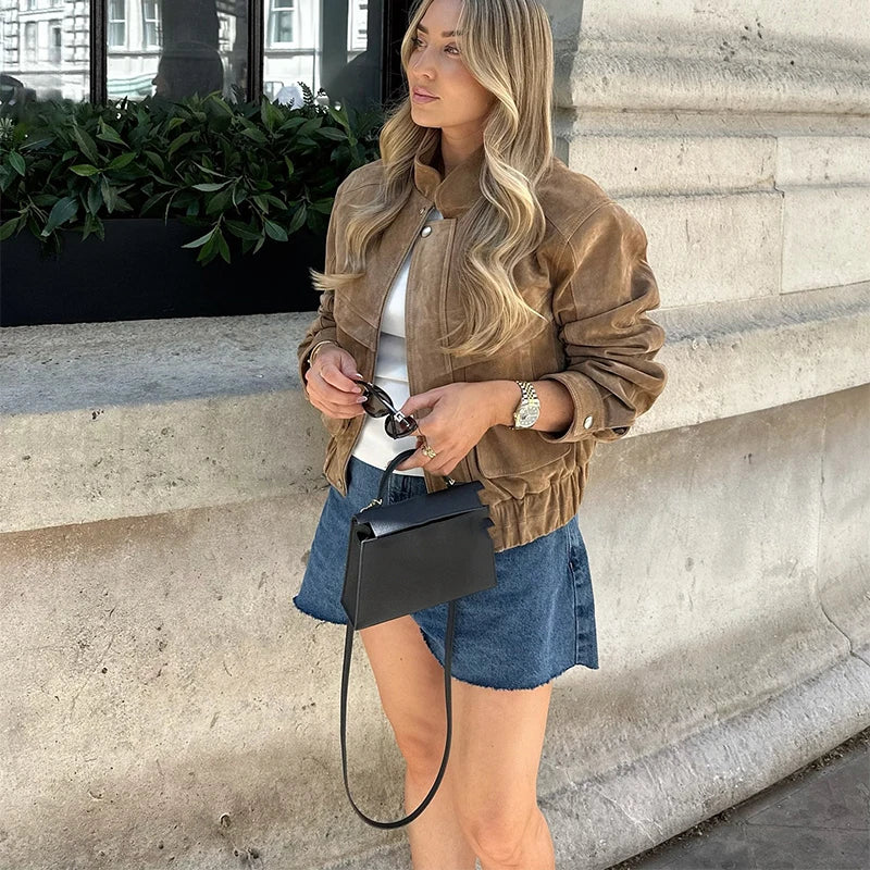 Retro-Jacke, modisch, Frühling und Herbst, lässig, lockere Tasche, langärmelig, trendig, cool, vielseitig, hochwertige Damen-Kurzjacke.