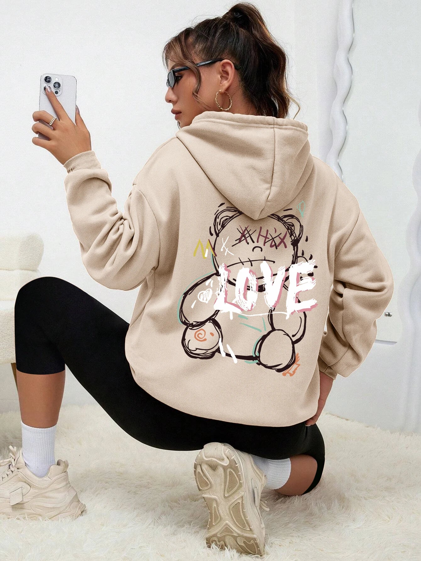 Graffiti Linie Bär Einfache Druck Weibliche Hoody Harajuku S-Xxl Sweatshirt Mode Lässig Straße Mit Kapuze Herbst Warme Streetwear Frauen.