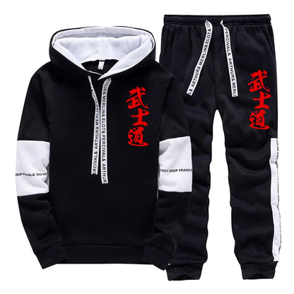 Japanese Bushido Print Hoodie Sweatpants Men's Tracksuit Autumn Winter Daily Casual Sporty Jogger Set Urban Fashion Sportswear.