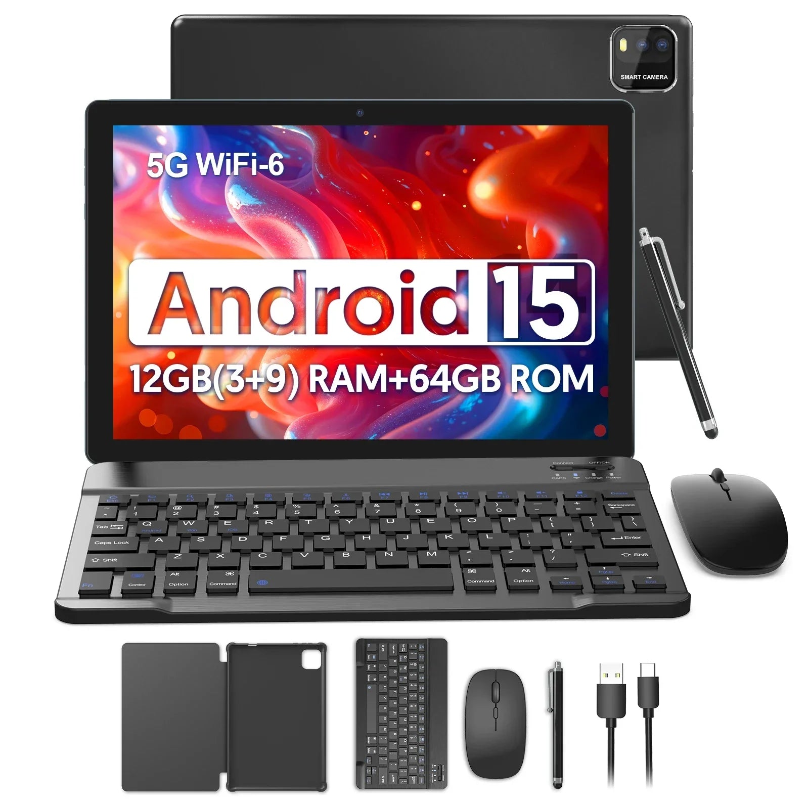 New Android 10.1-inch tablet, supports Google Play, quad-core processor, 12GB (3+9) RAM, 64GB ROM, Bluetooth, 6000mAh battery.