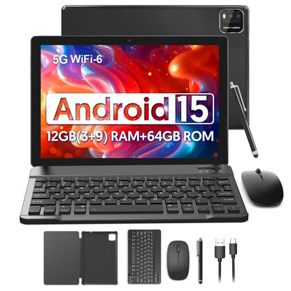 New Android 10.1-inch tablet, supports Google Play, quad-core processor, 12GB (3+9) RAM, 64GB ROM, Bluetooth, 6000mAh battery.