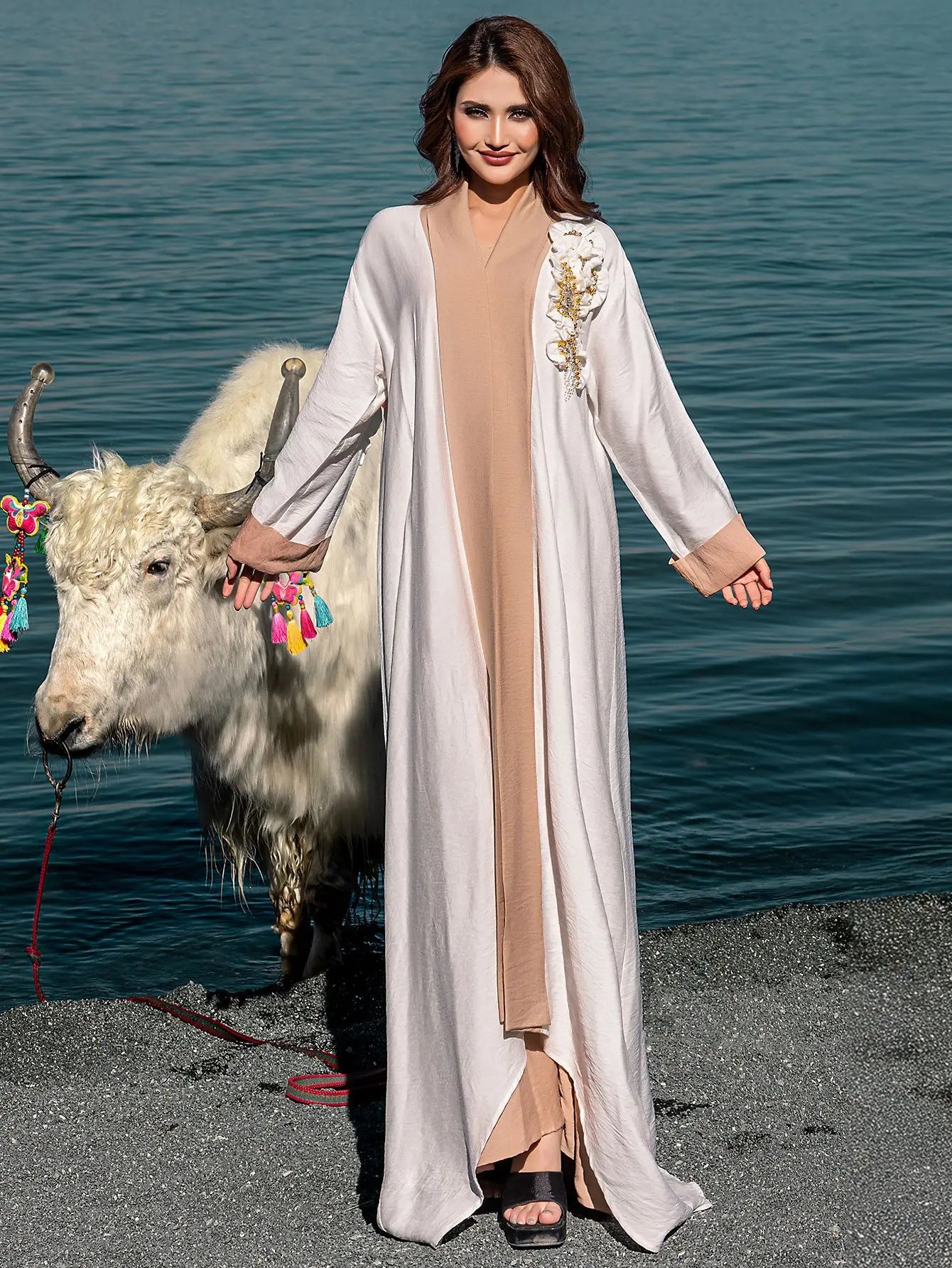 Ramadan Eid White Kimono 2 Piece Abaya Damen Dubai Luxury Set Islam Muslim Modest Dress Women Kebaya Kaftan Robe Femme Musulman.