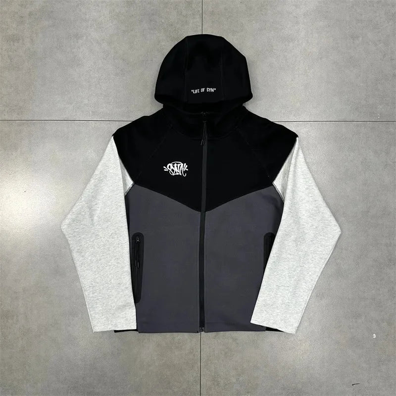 Casual Embroidered Fleece Lined Open Cardigan Hooded Zipper Pants Set for Men And Women Color Block Design by Syna