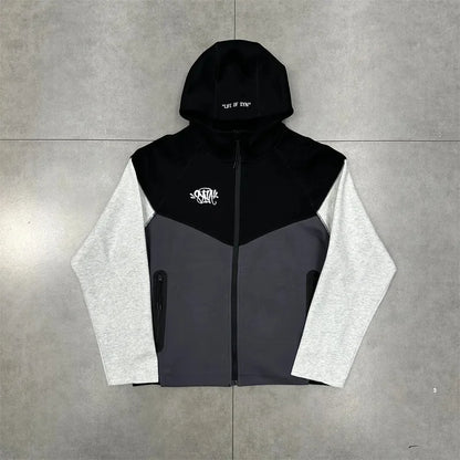 Casual Embroidered Fleece Lined Open Cardigan Hooded Zipper Pants Set for Men And Women Color Block Design by Syna