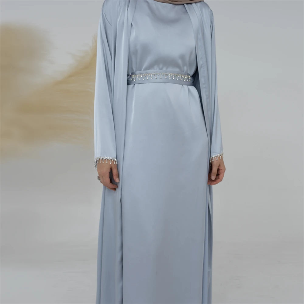 Ramadan Kebaya Chain Satin Kimono 2 Piece Abaya Set Turkey Islam Dress Muslim Sets Abayas For Women Robe Femme Musulmane Kaftan.