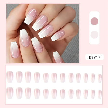 24pcs Gradient Fake Nails French Ballerina Nail Waterproof Faux Medium Coffin false nails Fingernails Press on Nails Tips.