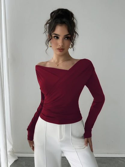 2025 Autumn Winter 2025 Solid-color Fashion Tops for Women Long Sleeve Blouses One-shoulder Collar Slimming Shirts Office Lady.