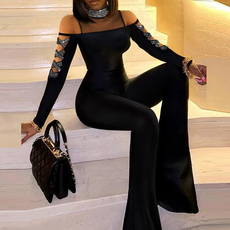 Ladies Slim Flare Pants Rompers Fashion Print Clothes Sexy One-pieces Women Jumpsuit Elegant Glitter Hollow Mesh Party Bodysuits.