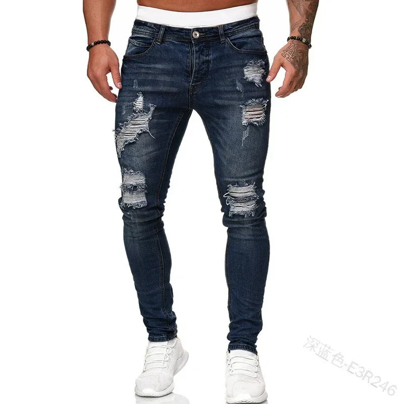 Zerrissene mittlere Taille Slim Fit Herren Jeans Vintage Denim Punk Wash Solid Punk Style Skinny Bleistifthose Distressed Holes Knöchellänge.