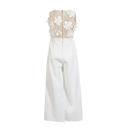 ZMEENNA Elegant White Floral Applique Jumpsuit For Women Sleeveless Wide Leg Romper With Sheer Mesh Top Perfect ZM726.