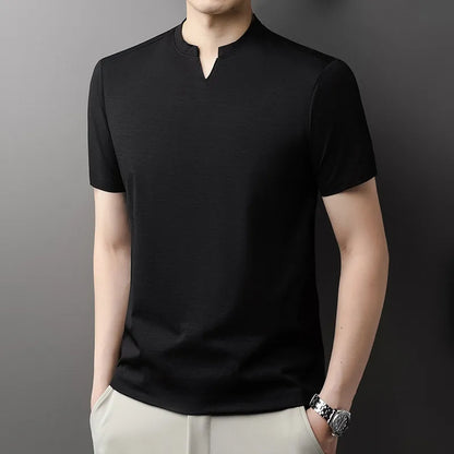 Korean Men's Casual and Fashionable Small V-neck Solid Color Short Sleeved T-shirt Comfortable Summer Versatile Top