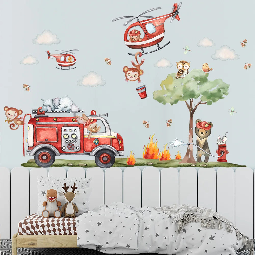 Creative cartoon animal firefighters sticker for living room kids room decoration self adhesive wall art decal.