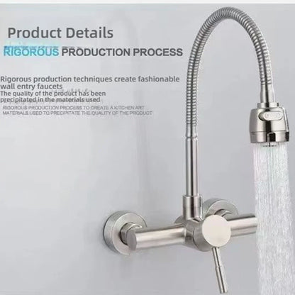 Universal Wall Mounted Stainless Steel Kitchen Faucet Cold and Hot Tap 360 Degree Swivel Flexible Hose Single Handle Faucet
