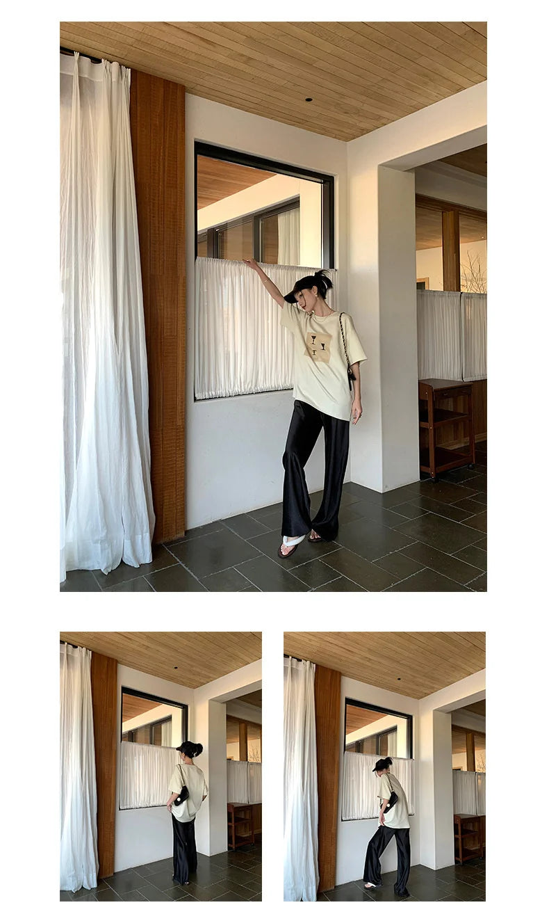 Satin Wide Leg Pants Long Floor Casual Pants Women's Summer