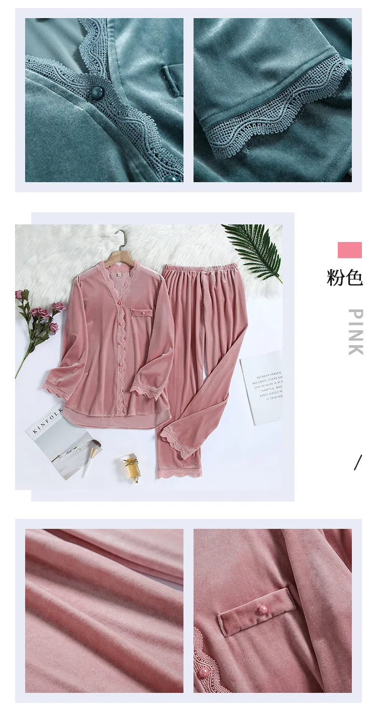 Fdfklak 2Pcs Gold Velvet Pajamas Set For Women Warm Pyjama Sexy V-Neck Lace Homewear Autumn Winter New Pijamas Long Pant.