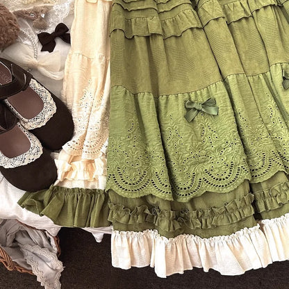 Mori Girl Style Lolita Midi Skirt Women Vintage Embroidery Lace Floral Bow Ruffles Long Skirts Female Prairie Chic Party Skirt.