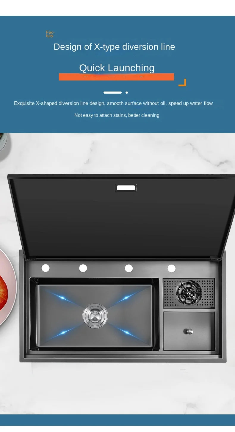 Multifunctional Nano Stainless Steel Kitchen Sink with Cover Plate, Thickened Single Basin Island Table Sink 88*51*22CM