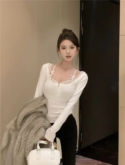 Autumn Sweet Lace Stitching V-neck Skinny Top Pink Coquette Aesthetic Slim-fit Long Sleeve T-shirts Cute Casual Tees Women Goth