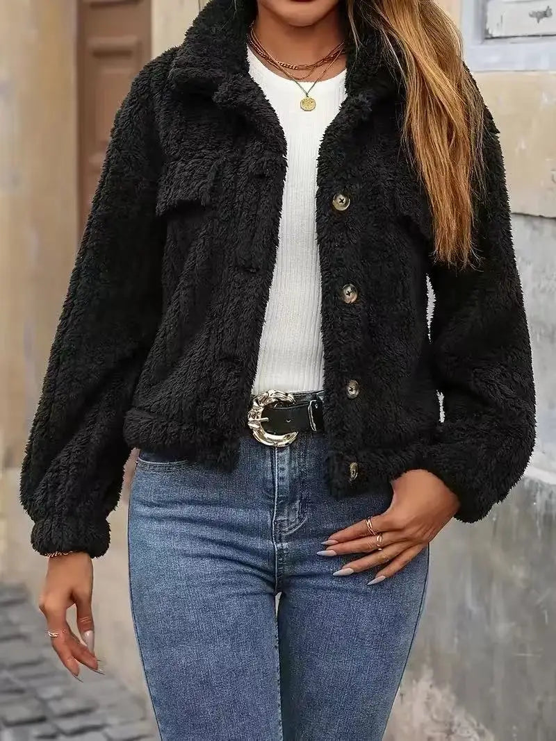 VigoCasey 2025, Herbst Winter Frauen Schwarze Jacke Einreiher Langarm Dicken Plüsch Warme Mantel Solide Dame Beiläufige Kurze Mantel.