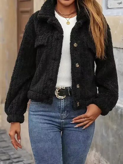 VigoCasey 2025, Herbst Winter Frauen Schwarze Jacke Einreiher Langarm Dicken Plüsch Warme Mantel Solide Dame Beiläufige Kurze Mantel.