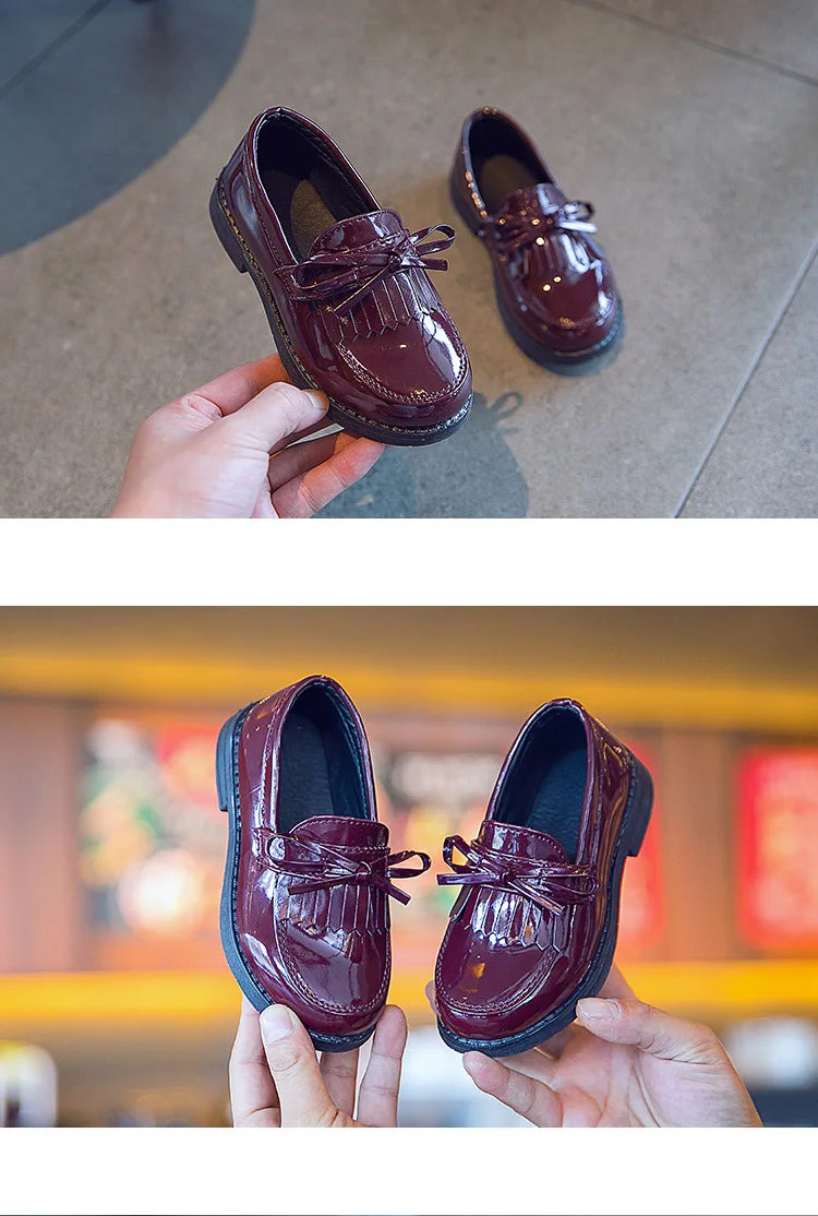 Girls Casual Leather Shoes Kids Flats Tassels with Bow-knot British Style Soft Slip-on Loafers for Wedding Party Bright Skin New.