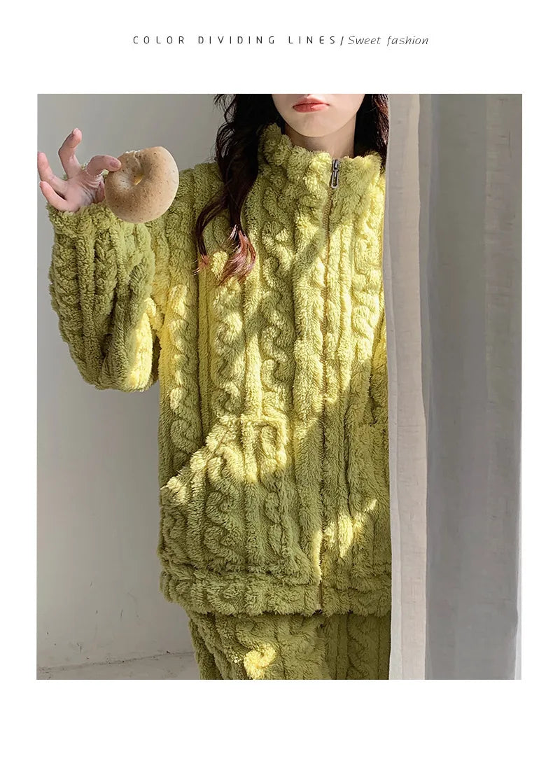 Große Größe Flanell Pyjama Set Herbst Winter Weibliche Nachtwäsche Hosen Anzug Verdicken Korallen Fleece Hohe Kragen Lounge Tragen Homewear