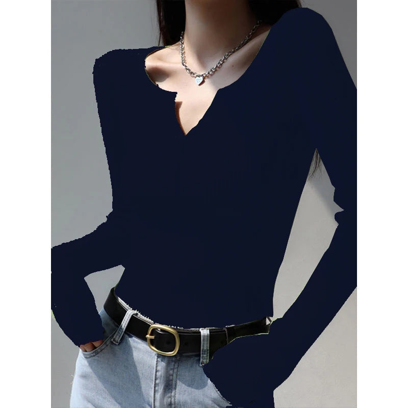 2026 weibliche Casual Tops Pullover Warme V-ausschnitt Frauen Herbst Winter Gestrickte Dünne Pullover Feste Taste Volle Hülse Pullover.