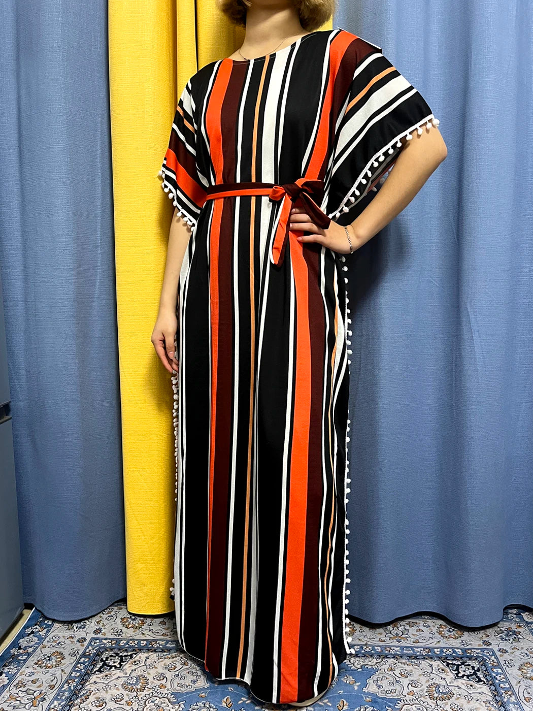 Abayas For Women 2024 Printed Vertical Stripe Tassels Elasticity Loose Fit Femme Robe African Woman Dresses With Belt Headscarf.
