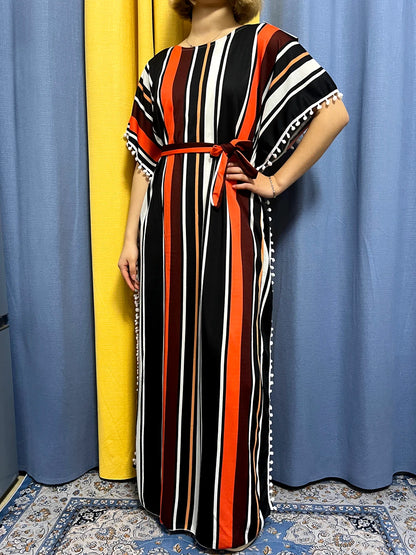 Abayas For Women 2024 Printed Vertical Stripe Tassels Elasticity Loose Fit Femme Robe African Woman Dresses With Belt Headscarf.