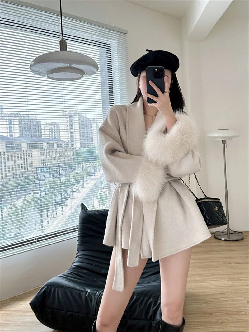 Mode Woolen Jacke mit gürtel Frauen Mantel 2025, Neue Herbst Winter Temperament Lose Strickjacke Weibliche Outwear