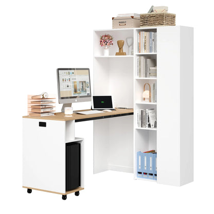 Klappbarer Schreibtisch mit Regalen – 2-in-1-Bücherregal und Schreibtisch, klappbar, mit Steckdose und USB-Anschluss, höhenverstellbare Regale
