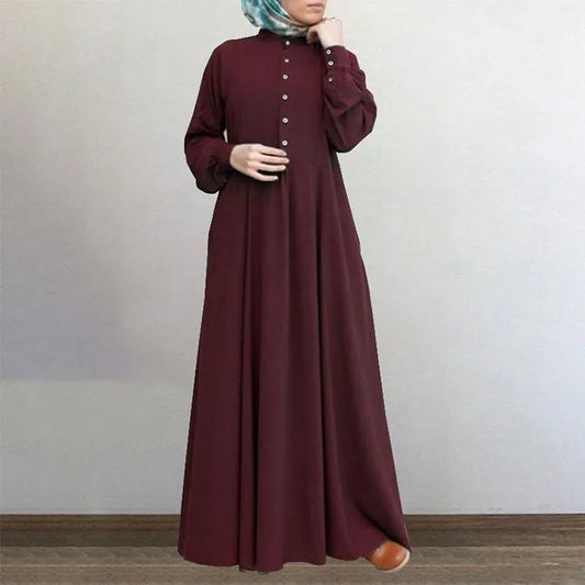 Women's Long Islamic Muslim Dress Vintage Solid Color Button Down Long Sleeve Dress for Spring Fall.